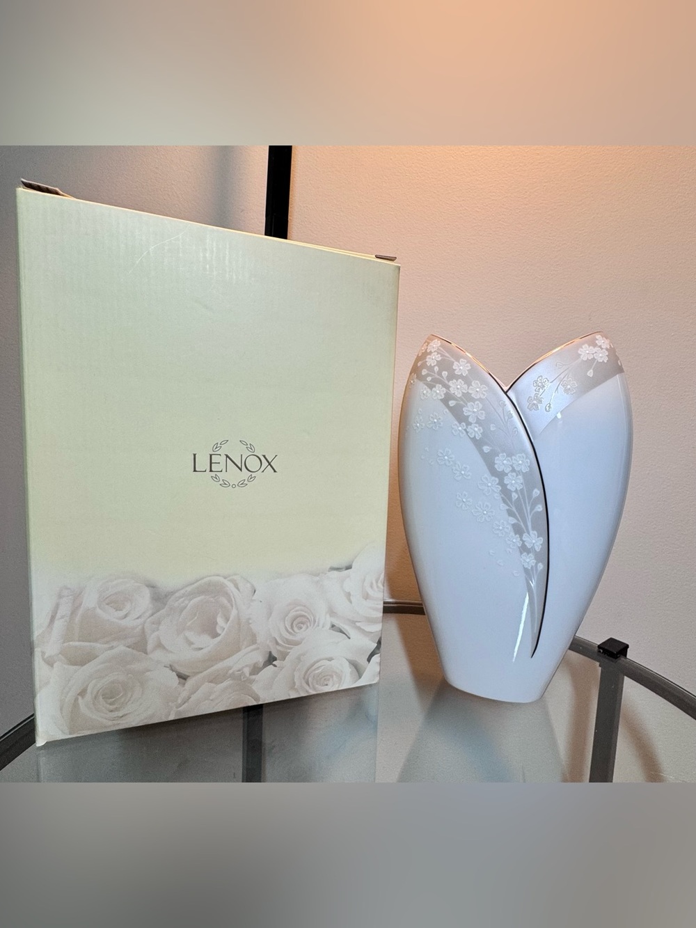 Lenox Bellina 10” medium vase White and Silver Floral Porcelain